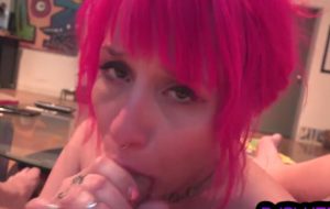 Pink hair GF deepthroat cock in closeup dirty talking POV